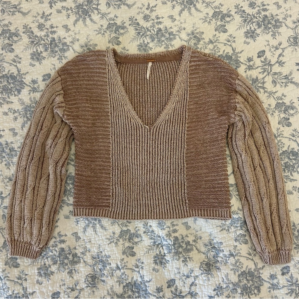 Free People Brown Knit V-Neck Sweater